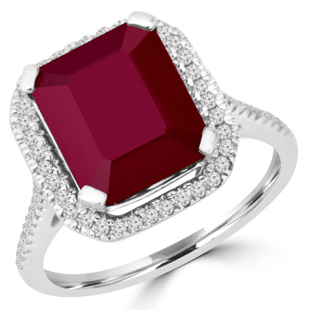 Emerald Cut Treated Red Ruby Gemstone 4-Prong Halo Cocktail Ring with Round White Diamond Accents in White Gold - #CSFR7F8992