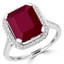 Emerald Cut Treated Red Ruby Gemstone 4-Prong Halo Cocktail Ring with Round White Diamond Accents in White Gold - #CSFR7F8992
