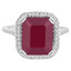 Emerald Cut Treated Red Ruby Gemstone 4-Prong Halo Cocktail Ring with Round White Diamond Accents in White Gold - #CSFR7F8992