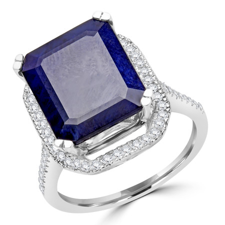 Emerald Cut Blue Sapphire Gemstone Multi-Stone 4-Prong Halo Cocktail Ring with Round White Diamond Accents in White Gold - #CSFR7R6838-W-SAP