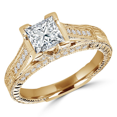Princess Cut Diamond Vintage Multi-Stone V-Prong Engagement Ring with Round Diamond Accents in Yellow Gold - #2028LP-Y
