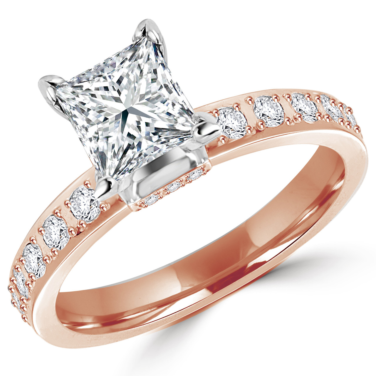 Princess Cut Diamond Multi-Stone V-Prong Engagement Ring in Rose Gold ...