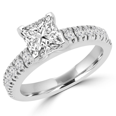 Princess Cut Diamond Multi-Stone 4-Prong Engagement Ring with Round Diamond Scallop-Set Accents in White Gold - #2457LP-W