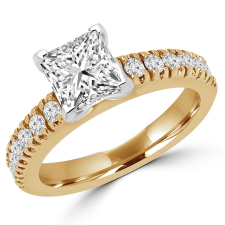 Princess Cut Diamond Multi-Stone 4-Prong Engagement Ring with Round Diamond Scallop-Set Accents in Yellow Gold - #2457LP-Y