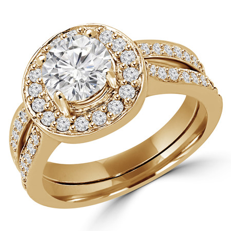 Round Cut Diamond Multi-Stone 4-Prong Vintage Cathedral-Set Halo Engagement Ring and Wedding Band Bridal Set with Round Diamond Accents in Yellow Gold - #2502WS-Y-SET