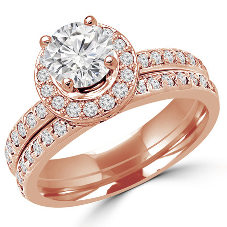 Round Cut Diamond Multi-Stone 4-Prong Engagement Halo Ring and Wedding Band Bridal Set with Round Diamond Accents in Rose Gold - #2503WS-R-SET