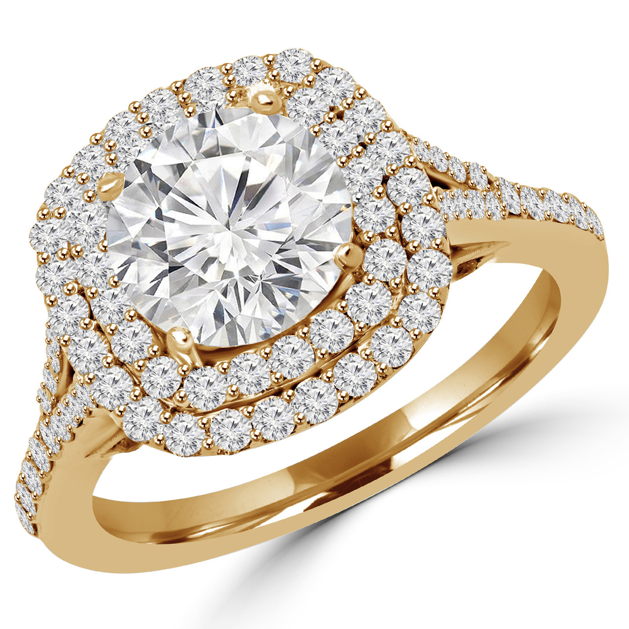 Round Cut Diamond MultiStone Double Halo 4Prong Engagement Ring in Yellow Gold ADRIANOY