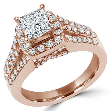 Princess Cut Diamond Multi-Stone 4-Prong Split-Shank Vintage Halo Engagement Ring with Round Diamond Accents in Rose Gold - #FRCF5270-PR-R