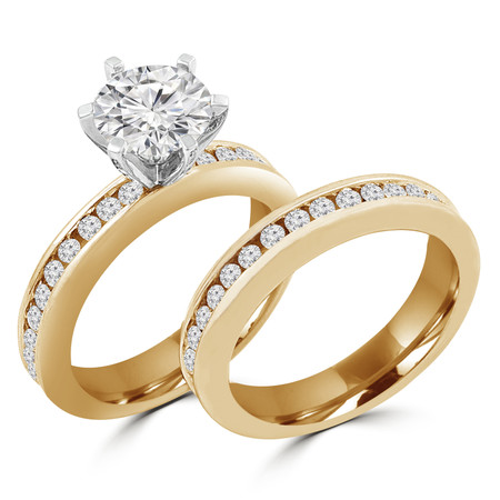 Round Cut Diamond Multi-Stone 6-Prong Engagement Ring & Wedding Band Bridal Set with Round Channel-Set Diamond Accents in Yellow Gold - #HR10050A-B-Y
