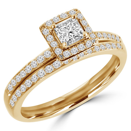 Princess Cut Diamond Multi-Stone 4-Prong Engagement Ring & Wedding Band Bridal Set with Round Diamond Accents in Yellow Gold - #HR4435-A-B-Y