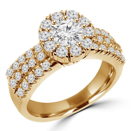 Round Cut Diamond Multi-Stone Shared-Prong Vintage Halo Engagement Ring with Round Diamond Accents in Yellow Gold - #HR4529-Y