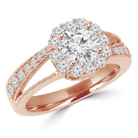 Round Cut Diamond Multi-Stone Split-Shank 4-Prong Vintage Trellis-Halo Engagement Ring with Round Diamond Accents in Rose Gold - #HR4743-R