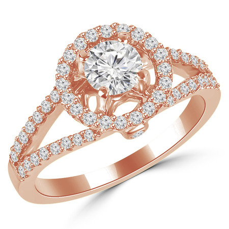 Round Cut Diamond Multi-Stone Split-Shank 4-Prong Halo Vintage Engagement Ring with Round Diamond Accents in Rose Gold - #HR6196-R
