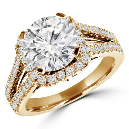 Round Cut Diamond Multi-Stone Split-Shank 4-Prong Halo Vintage Engagement Ring with Round Diamond Accents in Yellow Gold - #HR6200-Y