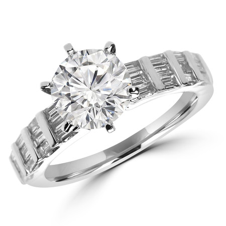 Round Cut Diamond Multi-Stone 6-Prong Engagement Ring with Baguette Cut Diamond Invisible-Set Accents in White Gold - #HR10583-W