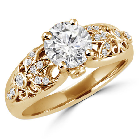 Round Cut Diamond Multi-Stone 4-Prong Floral-Motif Vintage Engagement Ring with Round Diamond Accents in Yellow Gold - #HR6218-Y