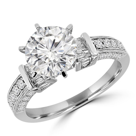Round Cut Diamond Multi-Stone 6-Prong Engagement Ring with Baguette Cut Invisible-Set & Round Diamond Accents in White Gold - #HR10584-W