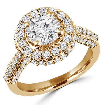 Round Cut Diamond Multi-Stone 4-Prong Vintage Cathedral-Set Halo Engagement Ring with Round Diamond Accents in Yellow Gold - #HR6260-Y