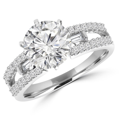 Round Cut Diamond Multi-Stone 6-Prong Engagement Ring with Baguette & Round Diamond Accents in White Gold - #HR10585-W