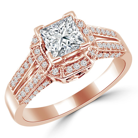 Princess Cut Diamond Multi-Stone Split-Shank V-Prong Vintage Halo Engagement Ring with Round Diamond Accents in Rose Gold - #HR6313-R