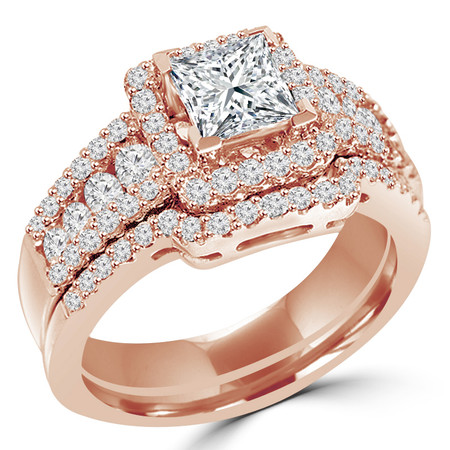 Princess Cut Diamond Multi-Stone V-Prong Vintage Halo Engagement Ring & Wedding Band Bridal Set with Round Prong & Channel-Set Diamond Accents in Rose Gold - #HR6533-A-B-R