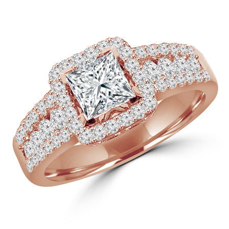 Princess Cut Diamond Multi-Stone V-Prong Vintage Halo Engagement Ring with Round Prong & Channel-Set Diamond Accents in Rose Gold - #HR6533-A-R