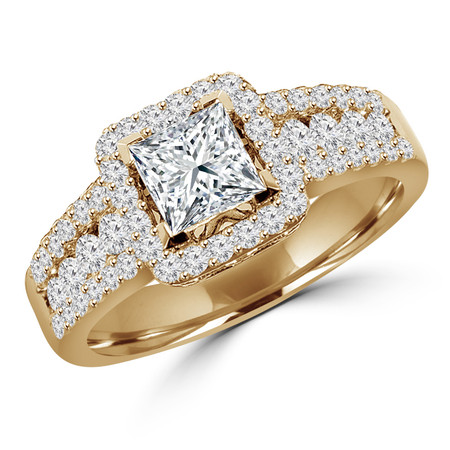 Princess Cut Diamond Multi-Stone V-Prong Vintage Halo Engagement Ring with Round Prong & Channel-Set Diamond Accents in Yellow Gold - #HR6533-A-Y