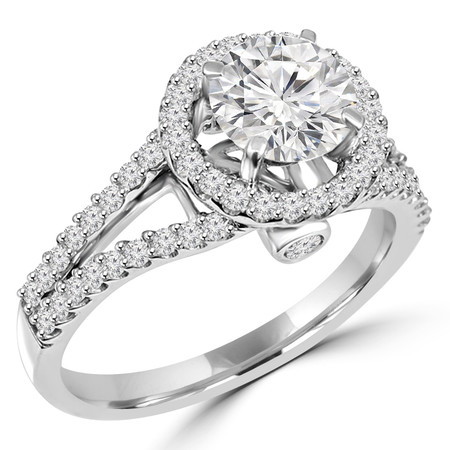 Round Cut Diamond Multi-Stone Split-Shank 4-Prong Vintage Halo Engagement Ring with Round Diamond Accents in White Gold - #HR6539A-W