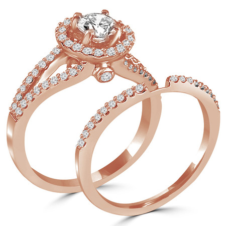 Round Cut Diamond Multi-Stone Split-Shank 4-Prong Vintage Halo Engagement Ring & Wedding Band Bridal Set with Round Diamond Accents in Rose Gold - #HR6539A-B-R
