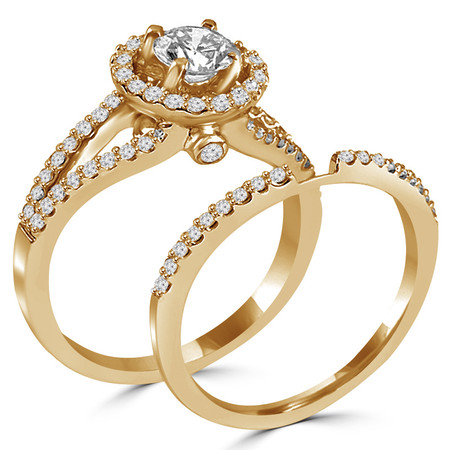 Round Cut Diamond Multi-Stone Split-Shank 4-Prong Vintage Halo Engagement Ring & Wedding Band Bridal Set with Round Diamond Accents in Yellow Gold - #HR6539A-B-Y