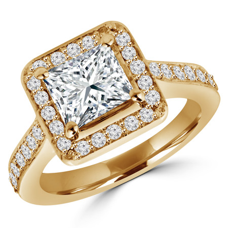 Princess Cut Diamond Multi-Stone 4-Prong Halo Engagement Ring Round Diamond Accents in Yellow Gold - #IMP-R-0-RING-PR-Y