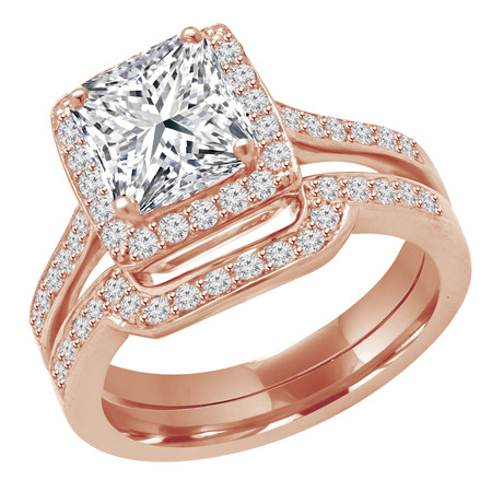 Princess Cut Diamond Multi-Stone 4-Prong Halo Engagement Ring & Wedding Band Bridal Set with Round Diamond Accents in Rose Gold - #IMP-R-0-SET-PR-R