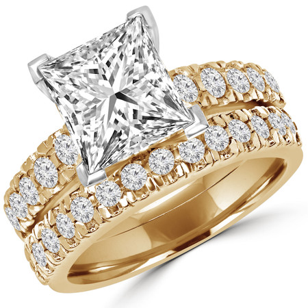 Princess Cut Diamond Multi-Stone V-Prong Engagement Ring & Wedding Band Ring Bridal Set with Round Diamond Scallop-Set Accents in Yellow Gold - #LOCAL-NOVO-A-B-PR-Y
