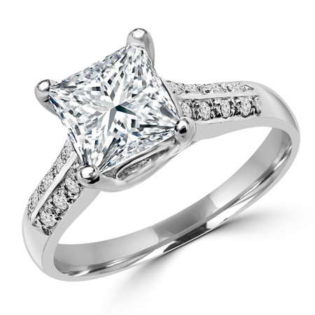 Princess Cut Diamond Multi-Stone 4-Prong Engagement Ring with Round Diamond Accents in White Gold - #LR1853-W-PR