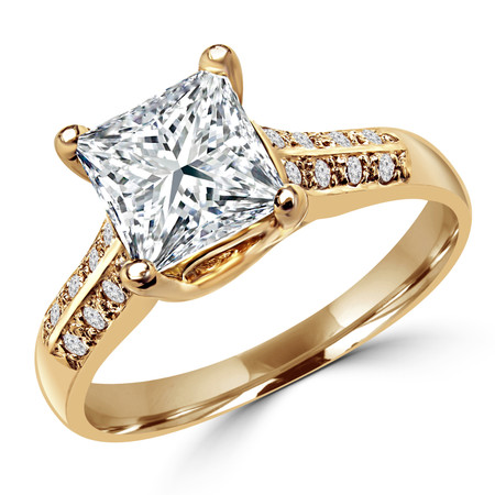Princess Cut Diamond Multi-Stone 4-Prong Engagement Ring with Round Diamond Accents in Yellow Gold - #LR1853-Y-PR