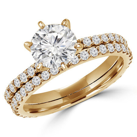 Round Cut Diamond Multi-Stone 6-Prong Engagement Ring & Wedding Band Bridal Set with Round Diamond Scallop-Set Accents in Yellow Gold - #MAJ1-A-B-SET-Y