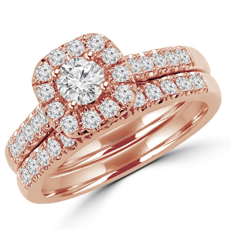 Round Cut Diamond Multi-Stone Halo 4-Prong Engagement Ring and Wedding Band Bridal Set in Rose Gold - #SKR15450-100-R