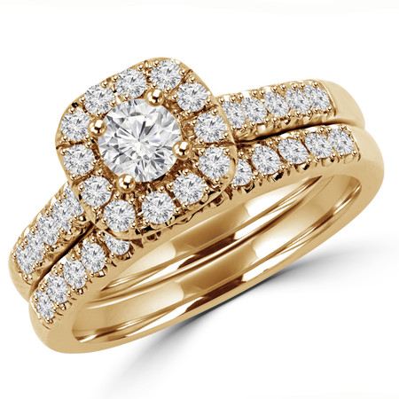 Round Cut Diamond Multi-Stone Halo 4-Prong Engagement Ring and Wedding Band Bridal Set in Yellow Gold - #SKR15450-100-Y