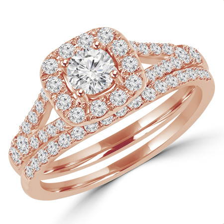 Round Cut Diamond Multi-Stone Halo 4-Prong Engagement Ring and Wedding Band Bridal Set in Rose Gold - #SKR15503-100-SET-R