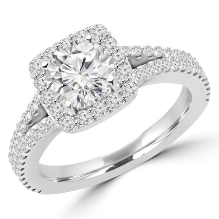 Round Cut Diamond Multi-Stone 4-Prong Split-Shank Halo Engagement Ring with Round Diamond Accents in White Gold - #ANA-W