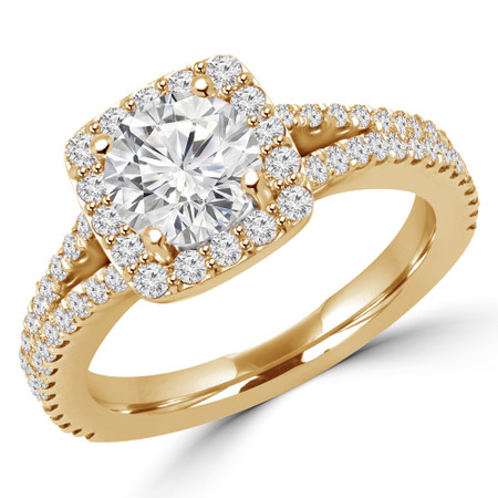 Round Cut Diamond Multi-Stone 4-Prong Split-Shank Halo Engagement Ring with Round Diamond Accents in Yellow Gold - #ANA-Y