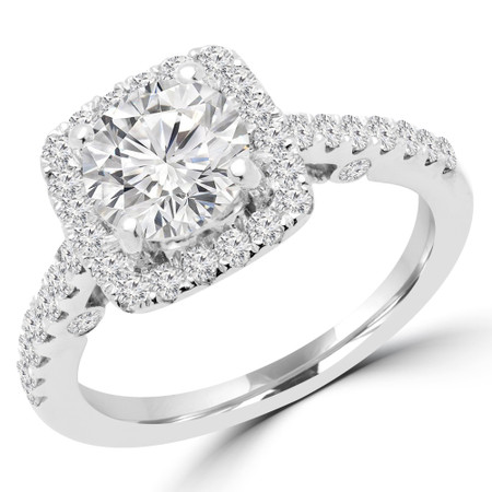Round Cut Diamond Multi-Stone 4-Prong Halo Engagement Ring with Round Diamond Accents in White Gold - #KAROLINA-W