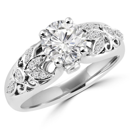 Round Cut Diamond Multi-Stone 4-Prong Floral-Motif Vintage Engagement Ring with Round Diamond Accents in White Gold - #HR6218-W