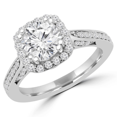 Round Cut Diamond Multi-Stone 4-Prong Halo Engagement Ring with Round Diamond Accents in White Gold - #ELLA-W
