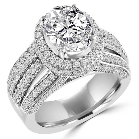 Oval Cut Diamond Multi-Stone 4-Prong Vintage Halo Engagement Ring with Round Diamond Accents in White Gold - #HR6254-W-OV