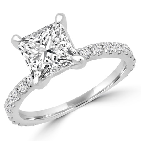 Princess Cut Diamond Multi-Stone 4-Prong Engagement Ring with Round Diamond Accents in White Gold - #ELIAS-PR-W
