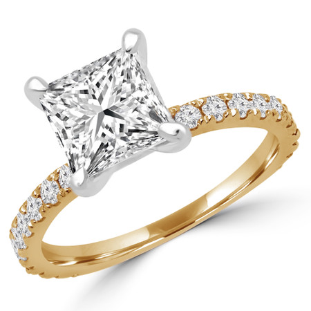 Princess Cut Diamond Multi-Stone 4-Prong Engagement Ring with Round Diamond Accents in Yellow Gold - #ELIAS-PR-Y