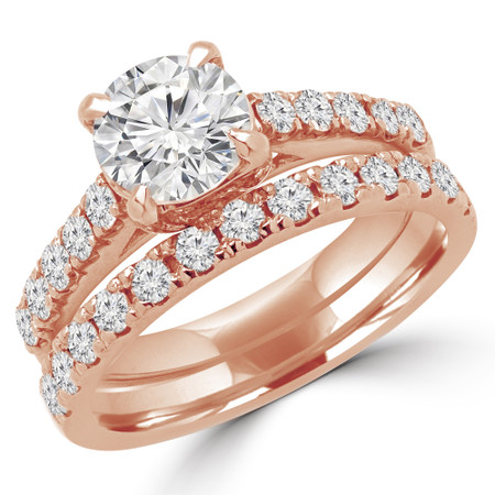 Round Cut Diamond Multi-Stone 4-Prong Cathedral & Trellis-Set Engagement Ring with Round Diamond Accents & Band Set in Rose Gold - #SM1991-R-SET
