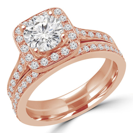 Round Cut Diamond Multi-Stone 4-Prong Halo Engagement Ring and Wedding Band Bridal Set with Round Diamond Accents in Rose Gold - #2566L-SET-R