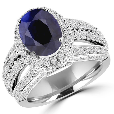 Oval Cut Blue Sapphire Gemstone Multi-Stone 4-Prong Vintage Halo Engagement Ring with Round Diamond Accents in White Gold - #HR6254-W-SAP